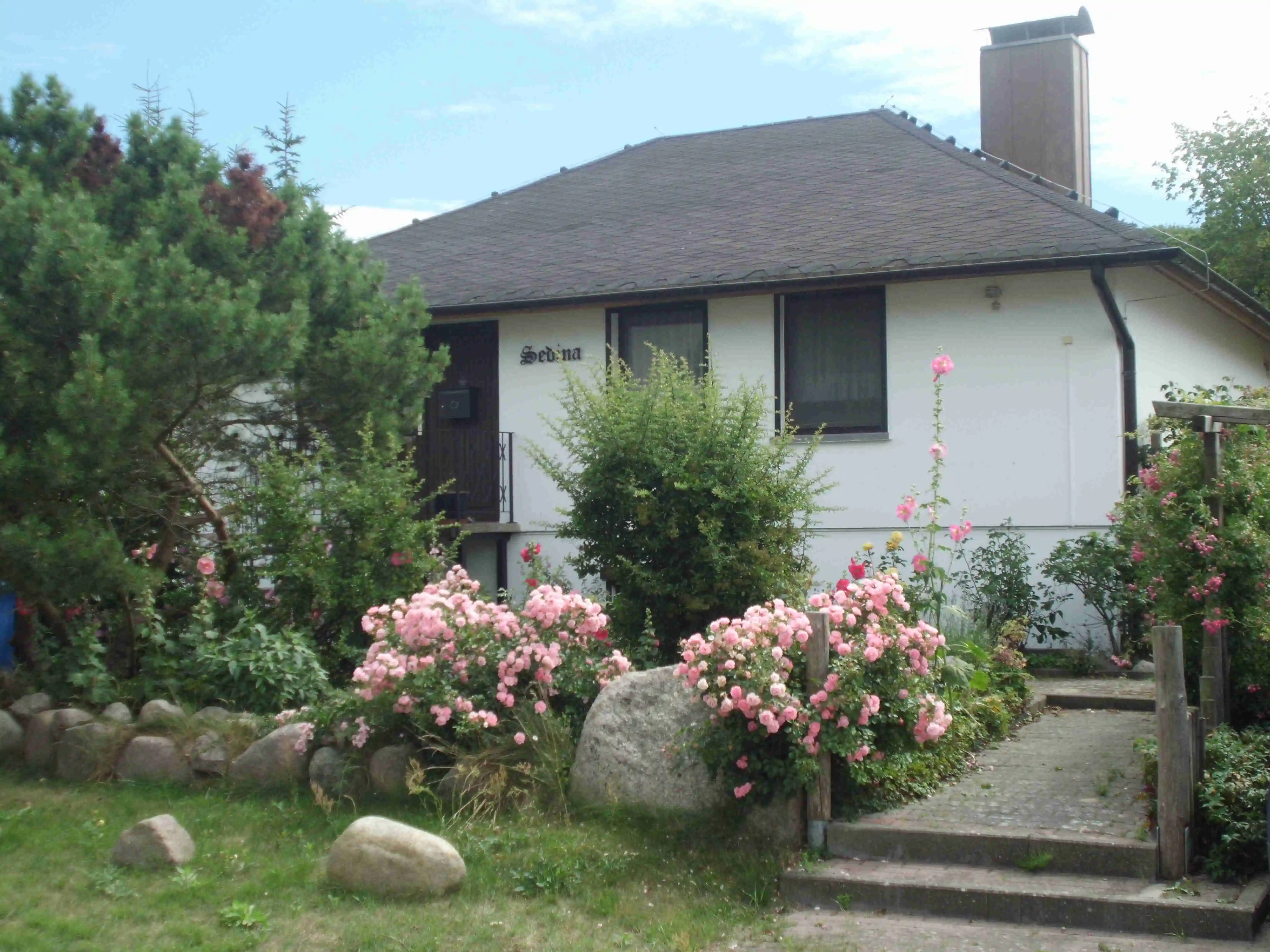 Ferienwohnung Haus Sedina Strandstraße mit blühenden Rosen im Vorgarten.